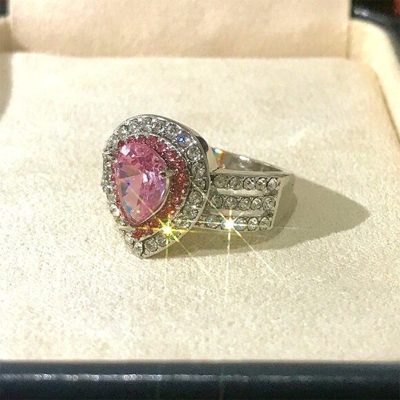 VINTAGE STYLE PINK TOURMALINE DIAMOND 3 STONE RING 14k GOLD  💥Water Drop Three Layers Pink Stone Ring For Girls/Women, F070